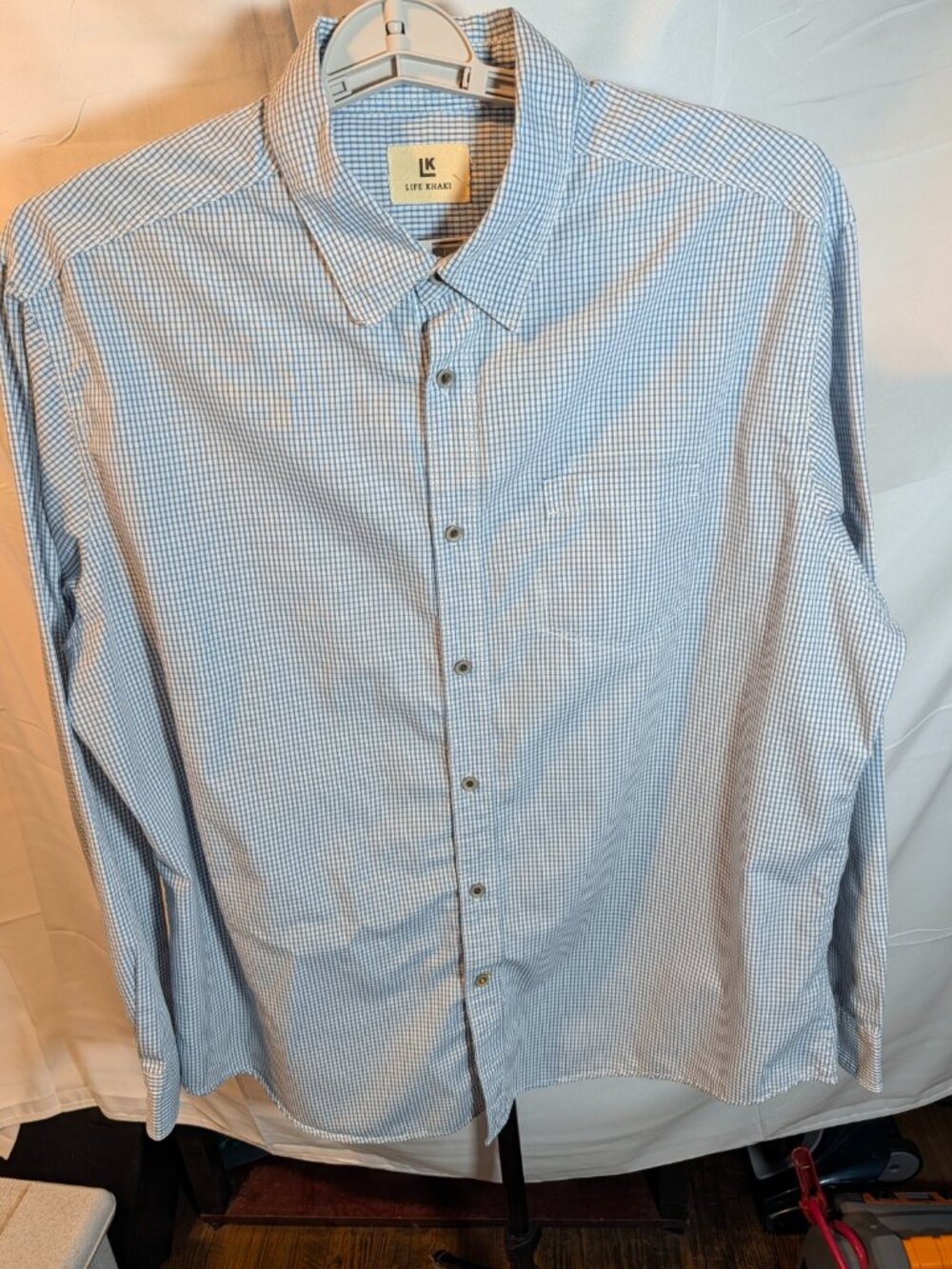 Life Khaki Men's Button Down Shirt Sz XL Long Sleeve Blue Check/Business